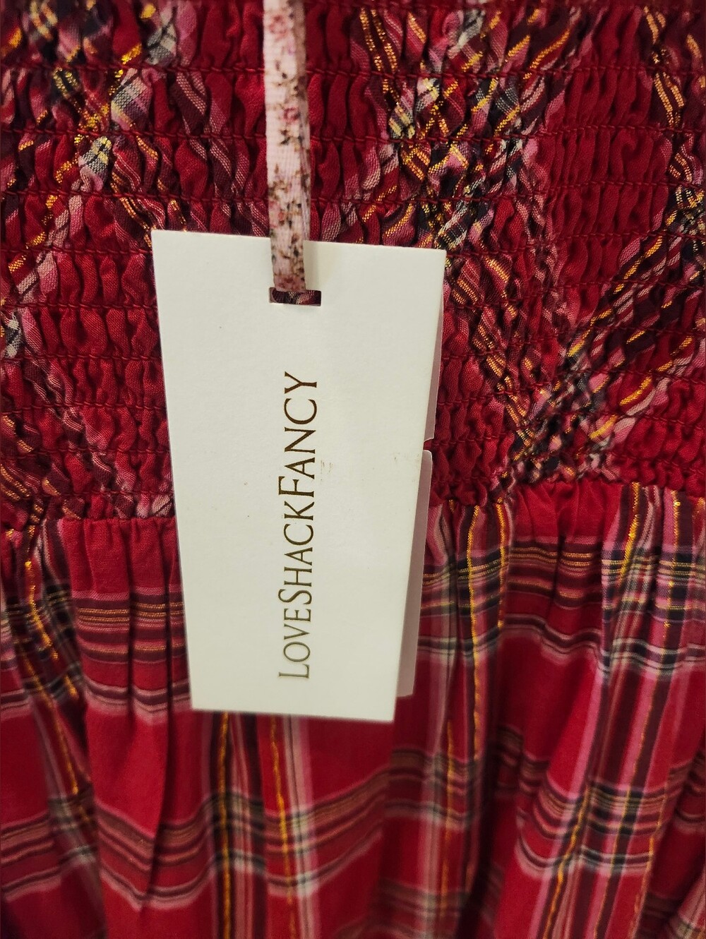 LoveShackFancy LondonTartan Gerania Red Plaid Smocked Midi Dress Sz S NWT - Picture 9 of 15